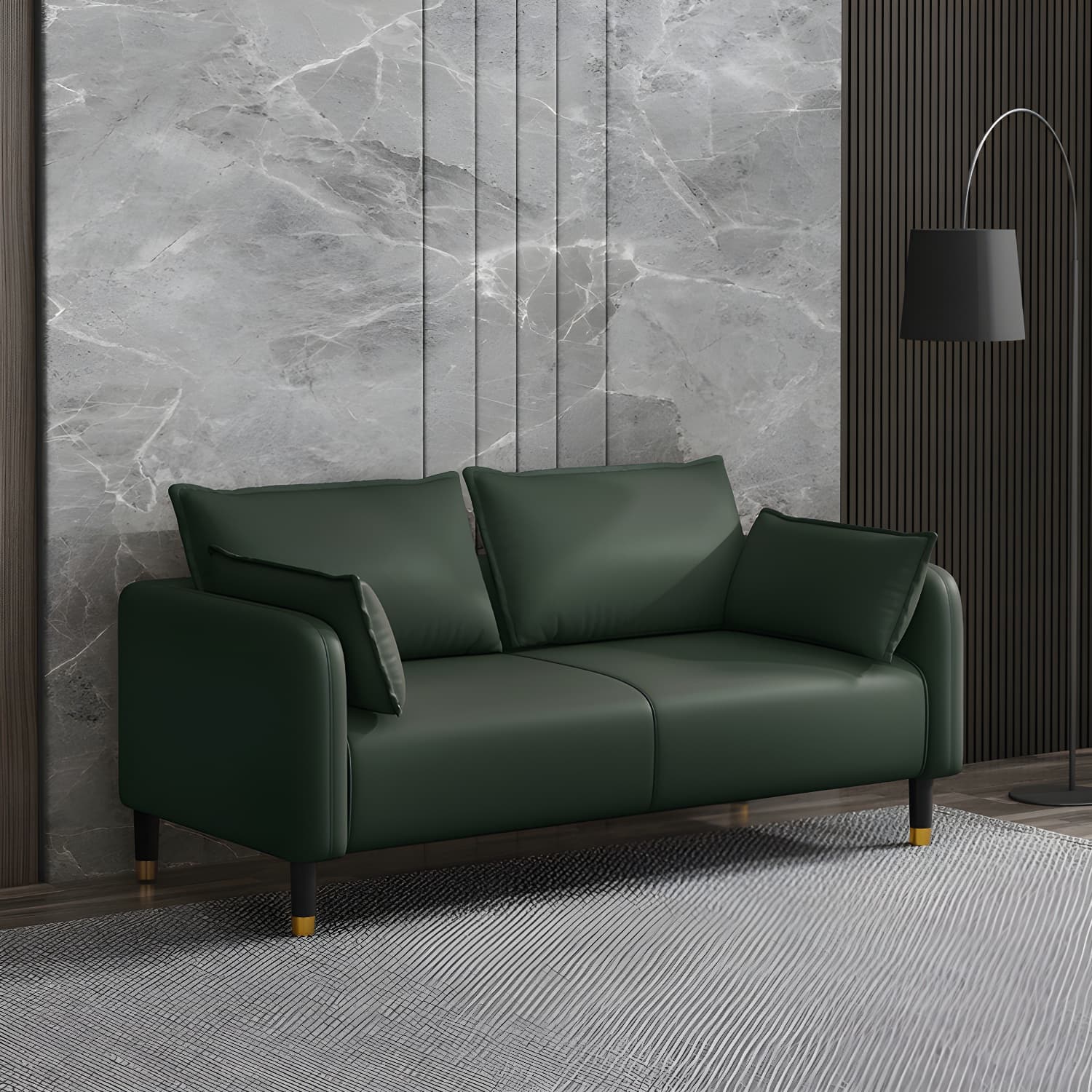 Modern 2-seat Sofa Faux Leather Tuxedo Arm Sofa with 2 Pillows