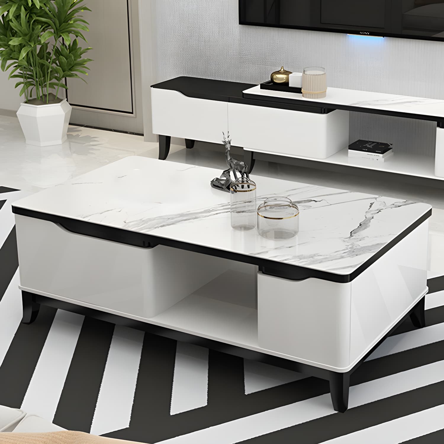17.7 " Tall Contemporary Wood 4 Legs Glass/slate Rectangular Top Coffee Table with Drawers - image 6