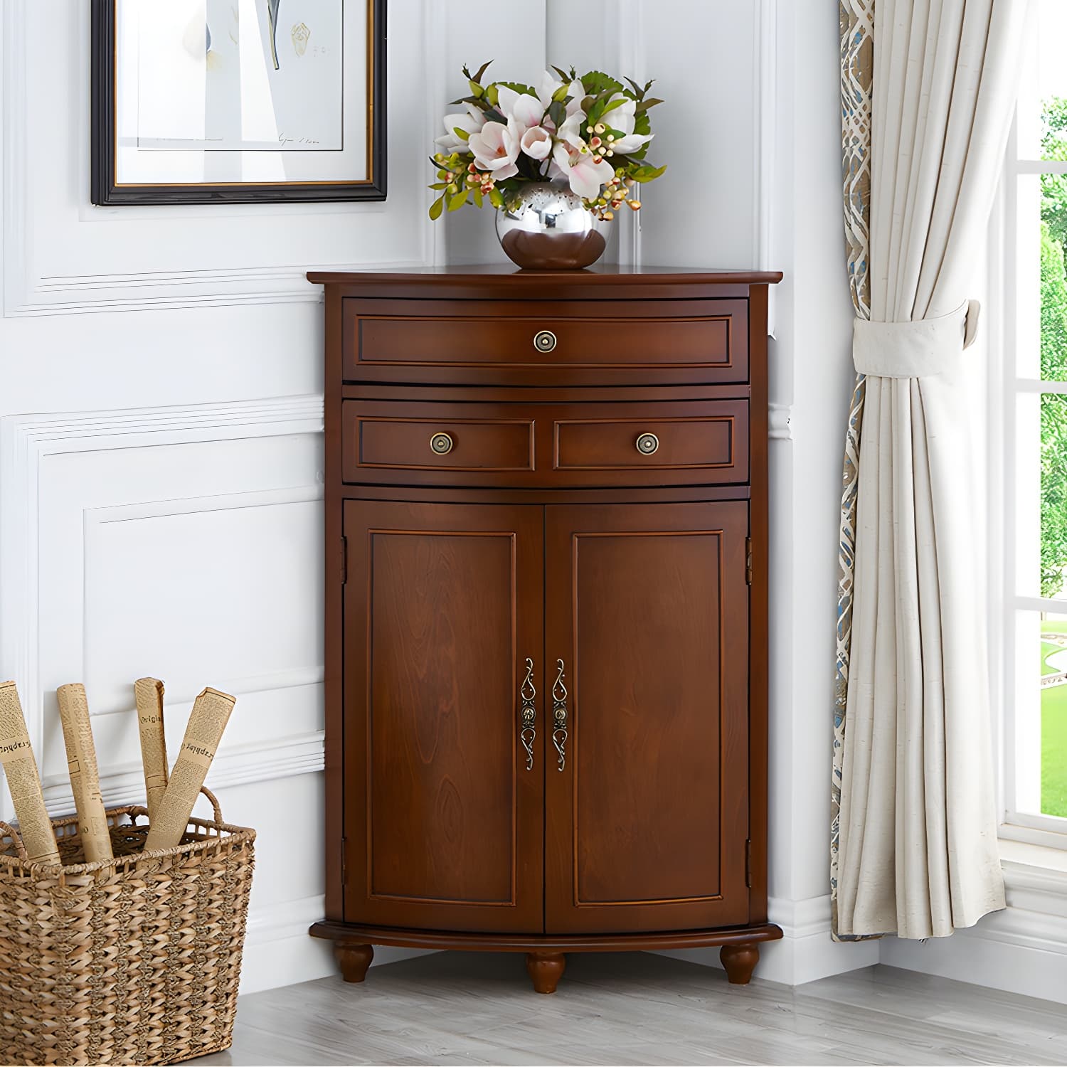 Mid-Century Modern Home Paned Cabinet Solid Wood Corner Side Cabinet - image 3