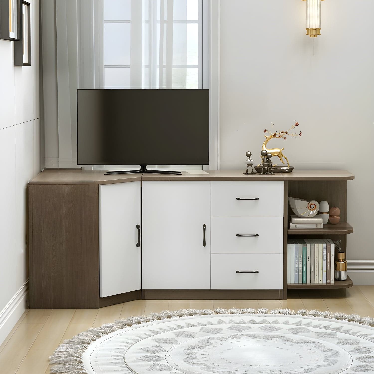 Modern Solid Wood Corner TV Stand Console with Storage Drawers & Shelves