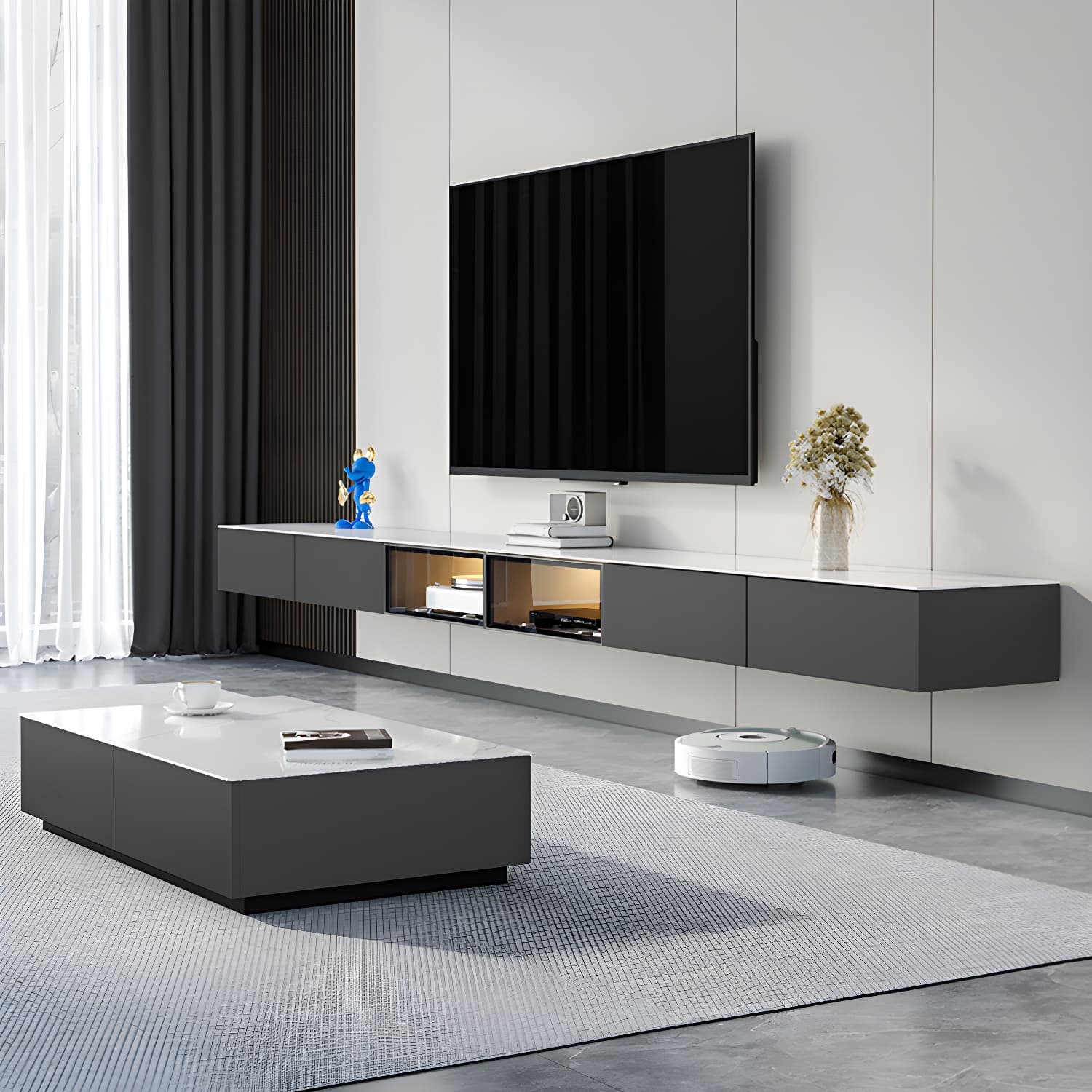 Modern Wall-mounted TV Media Stand Slate Top Wood Frame with Storage - image 3