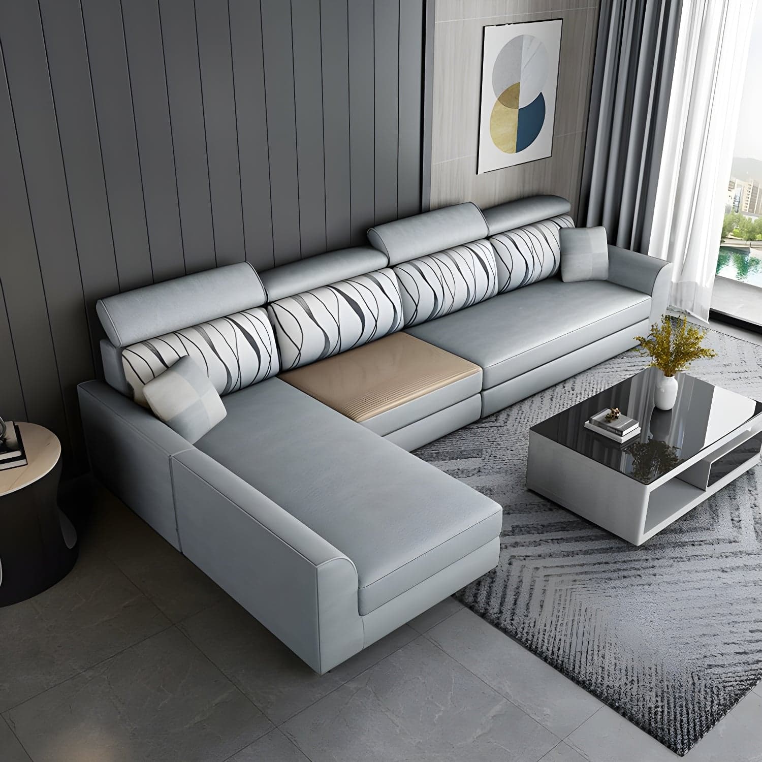 Modern L-Shape Reversible Wood Frame Sectional Sofa Chaise Set - image 7