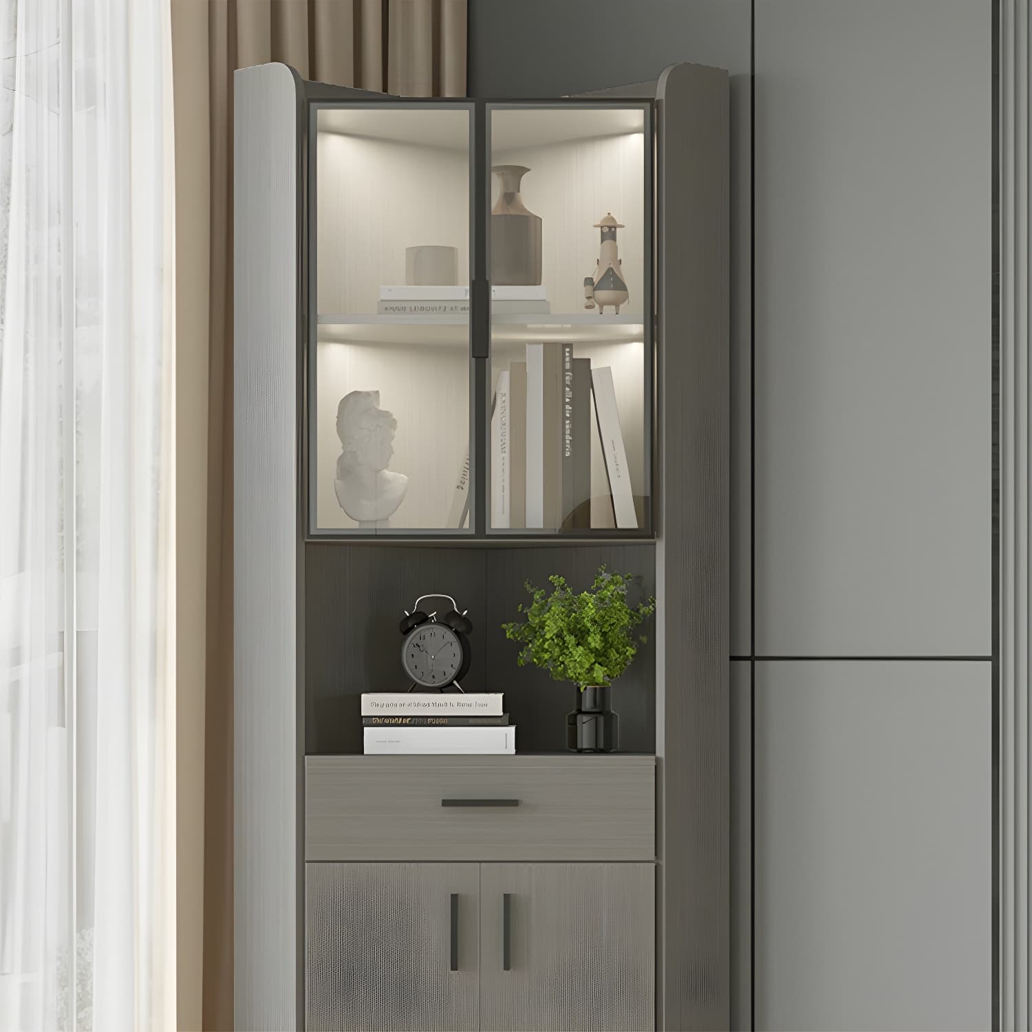 Small Modern Corner Accent Cabinet with Wood Counter Top, Drawers Included, and Metal Legs - image 10