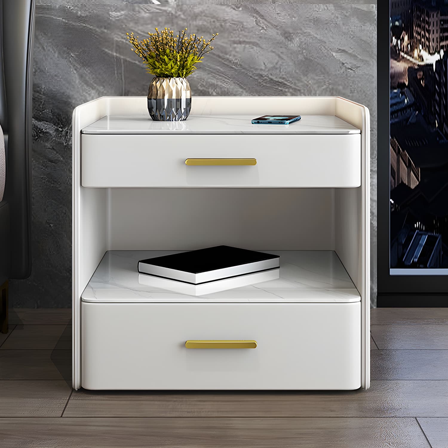 Stone Bed Nightstand Open Storage Bedside Cabinet with Drawers - image 5