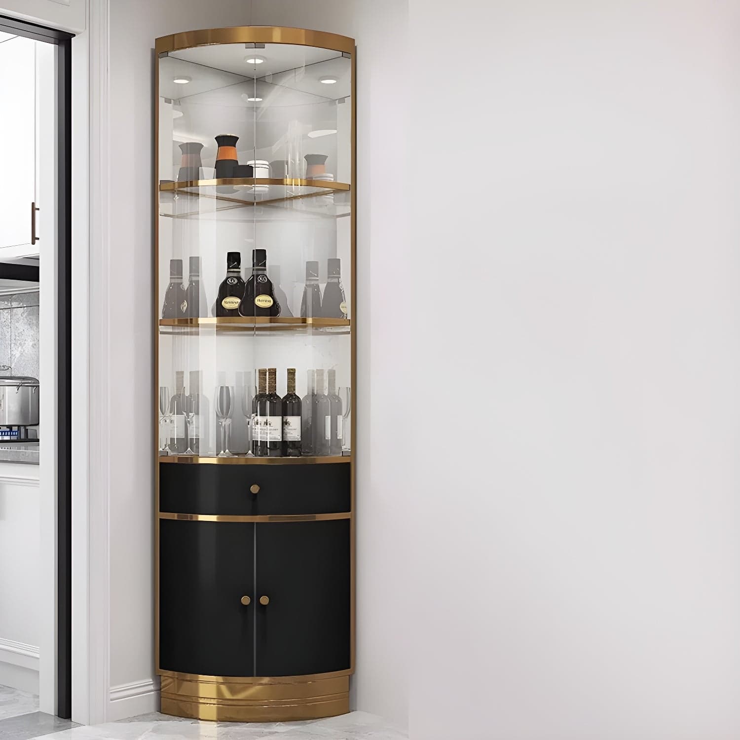 Corner Modern Accent Cabinet with Wood Counter Top, Glass Doors, and Metal Base - image 6