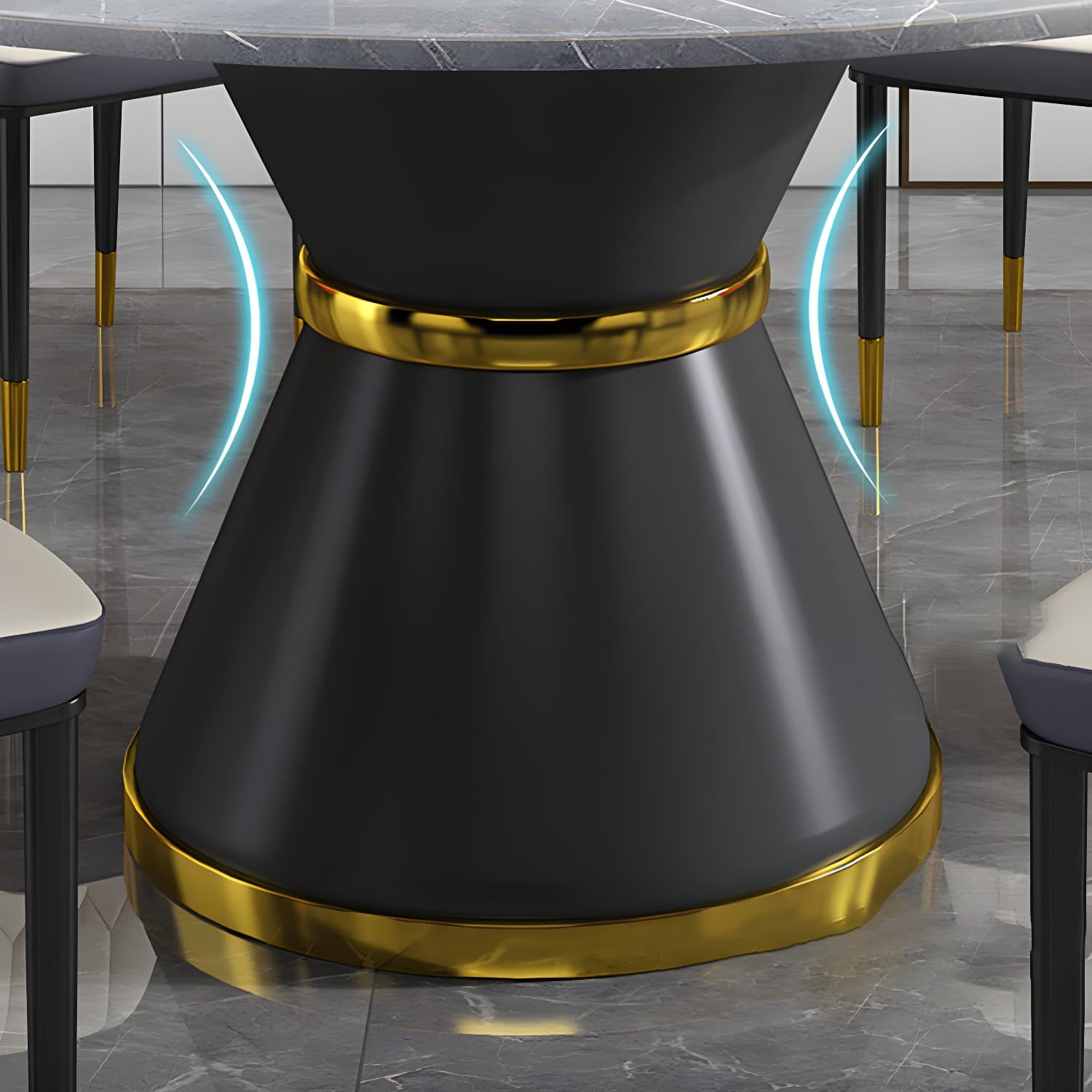 Stone Modern Round Dining Table with Black Steel Pedestal Base and Lazy Susan - image 12