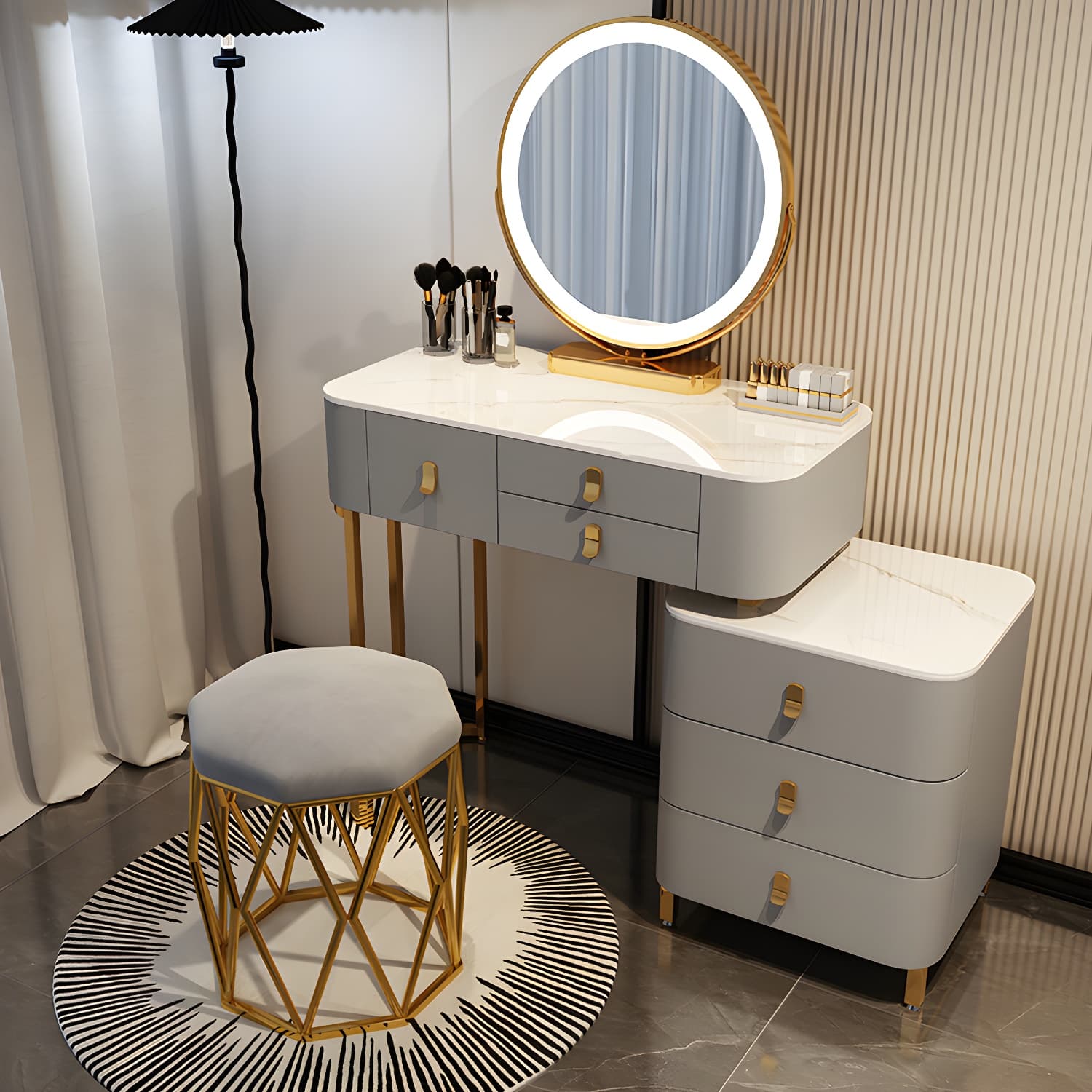 Contemporary Make-up Vanity with Stone Top and Storage Drawers