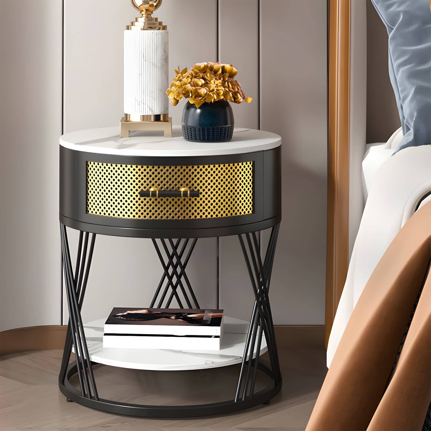 Glam Stone Top Night Table Open Storage 1-Drawer Metal Legs Included Nightstand - image 11