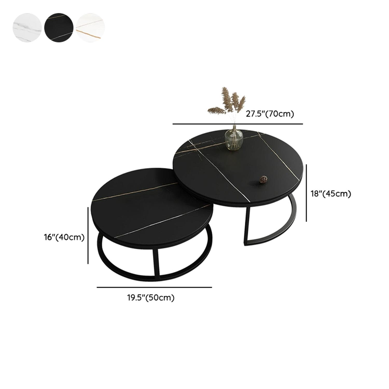 Modern Black Nesting Coffee Tables, 2 Set, Round Stone Top, Steel Frame with Storage - image 16