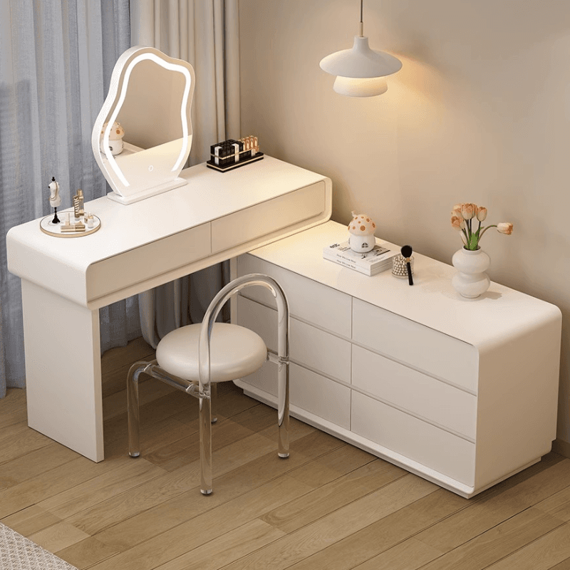 Simplistic Large Vanity Set with Lumber Table Top, White Seat, 8 Drawers, and Mirror Lights
