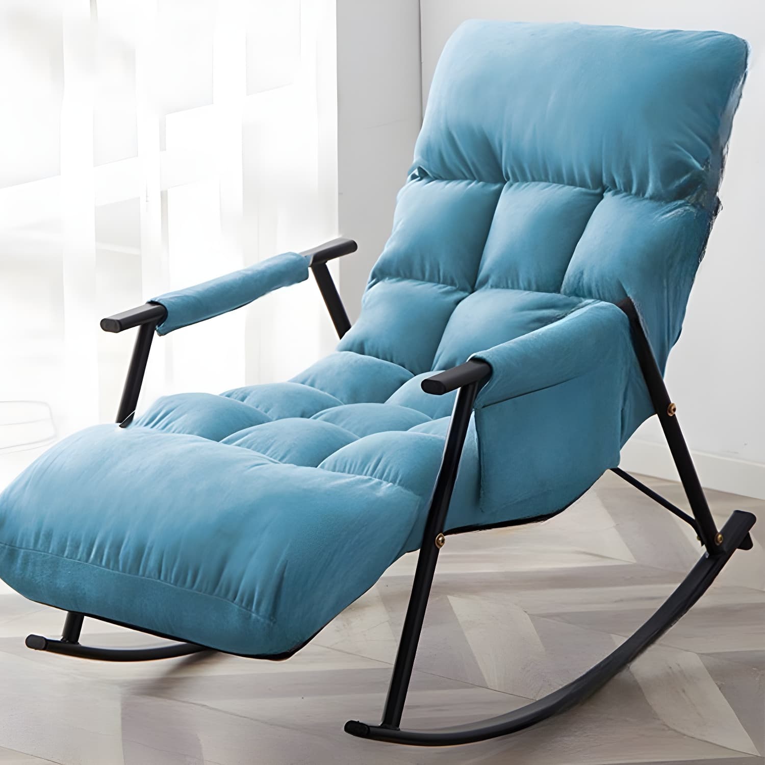 Modern Indoor Rocking Chair Upholstered, Tufted and Custom Fit with slipcover, Metal Legs