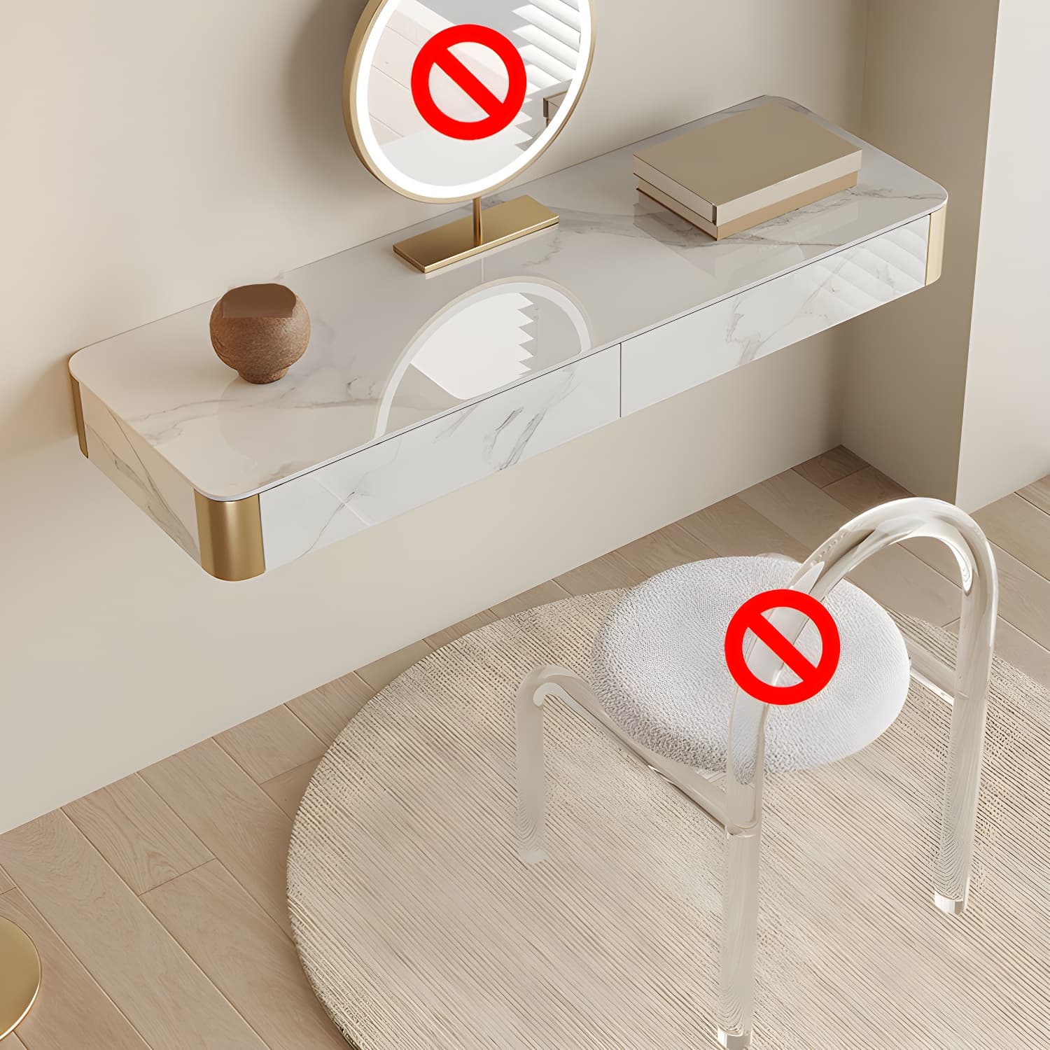 Wood Vanity and Stool in White Luxurious Stone Dressing Table - image 11
