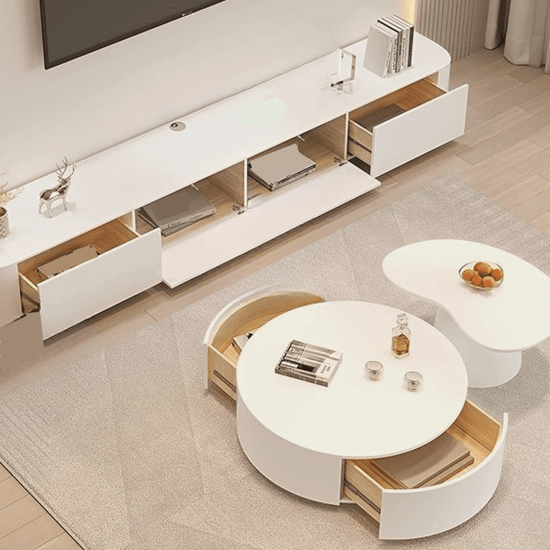 White TV Stand for Sleeping Quarters with Shelf, 2 Drawers, 2 Cabinets, Cable Management, and Gate Doors - image 3