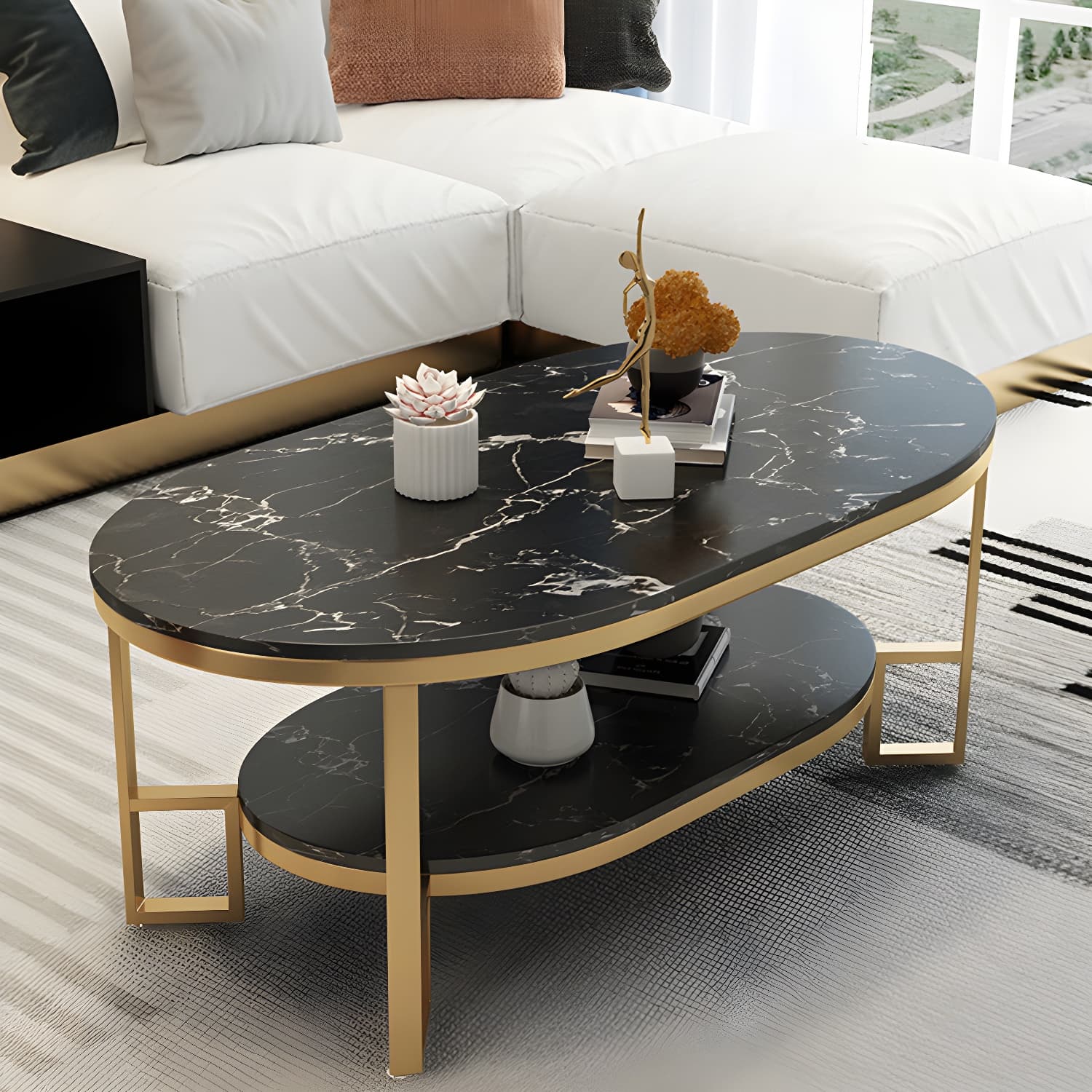 17.72" H Stone/Marble Top Coffee Table Frame Shelf Included Cocktail Table - image 6