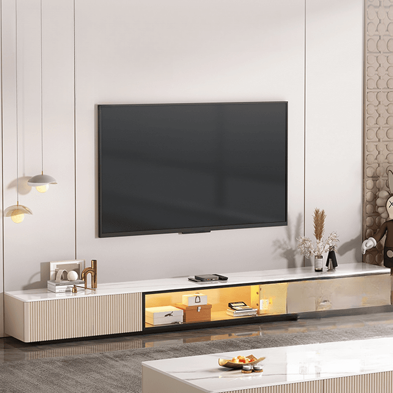 Art Deco Sintered Stone Rectangular TV Stand with 2 Drawers, Hutch, Cable Management, and Light - image 6