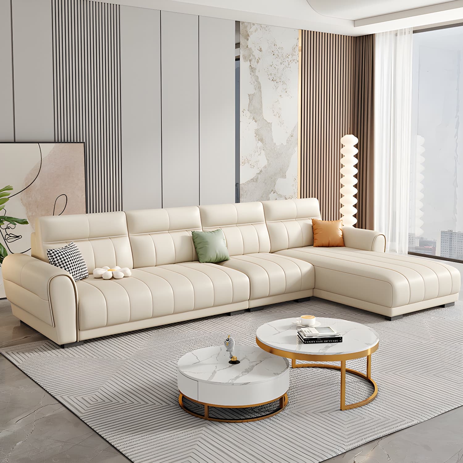 Scandinavian Wood Frame Beige Faux Leather Sectional with Cushion Back