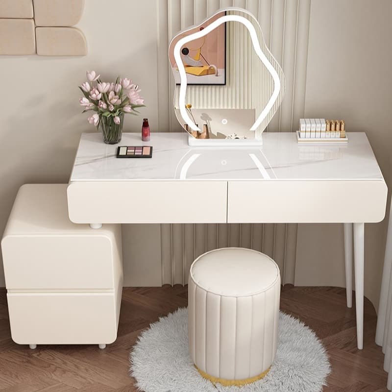 Simplistic Large/Standard Vanity Set with Stone Table Top, White Seat, 4 Drawers, and Mirror Lights