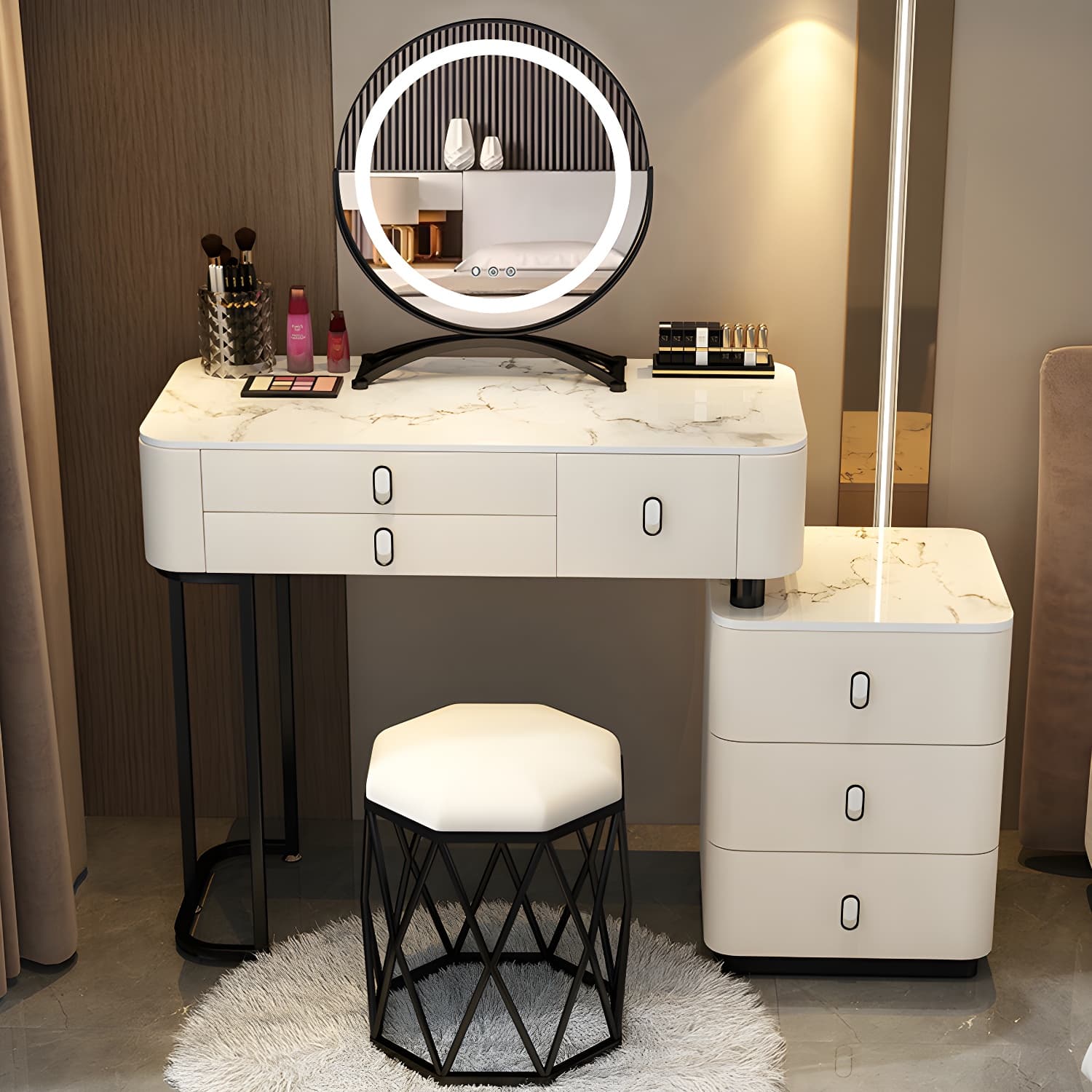 Solid Wood Vanity with 6 Storage Drawers Makeup Vanity Desk with Stool and Mirror - image 3