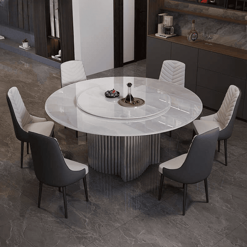 Dining Table Set with Rounded Stump Base, Padded Chair with Back for 6 People/4 People in White
