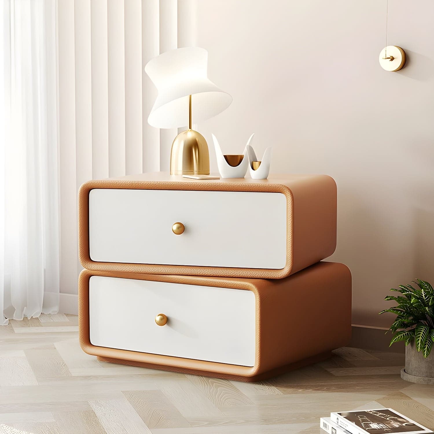 Modern Wood Nightstand with 2 Drawers - Faux Leather Countertop - Small and Stylish - image 3