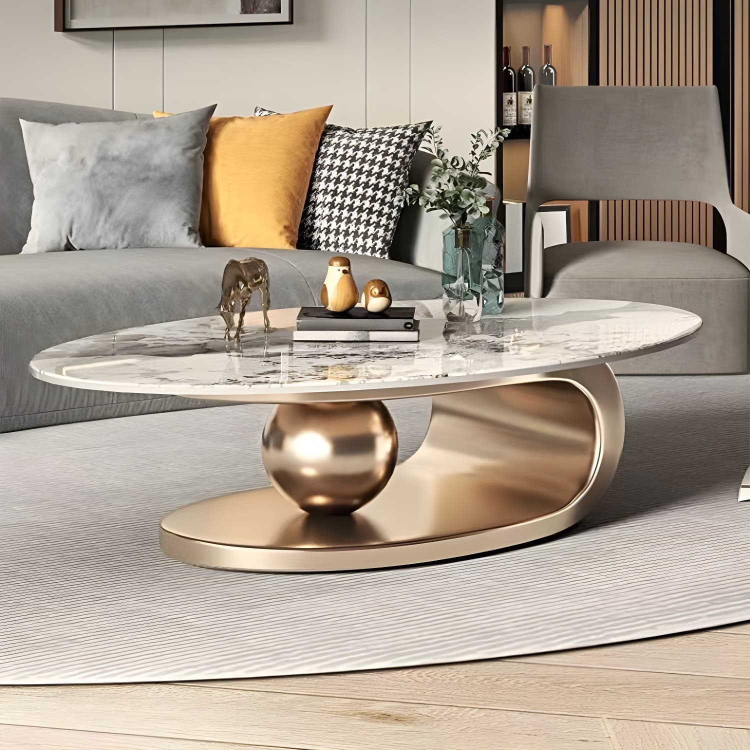 Glam Stone Coffee Table - Beige Oval Shape with Abstract Stainless Steel Base and Scratch Resistant