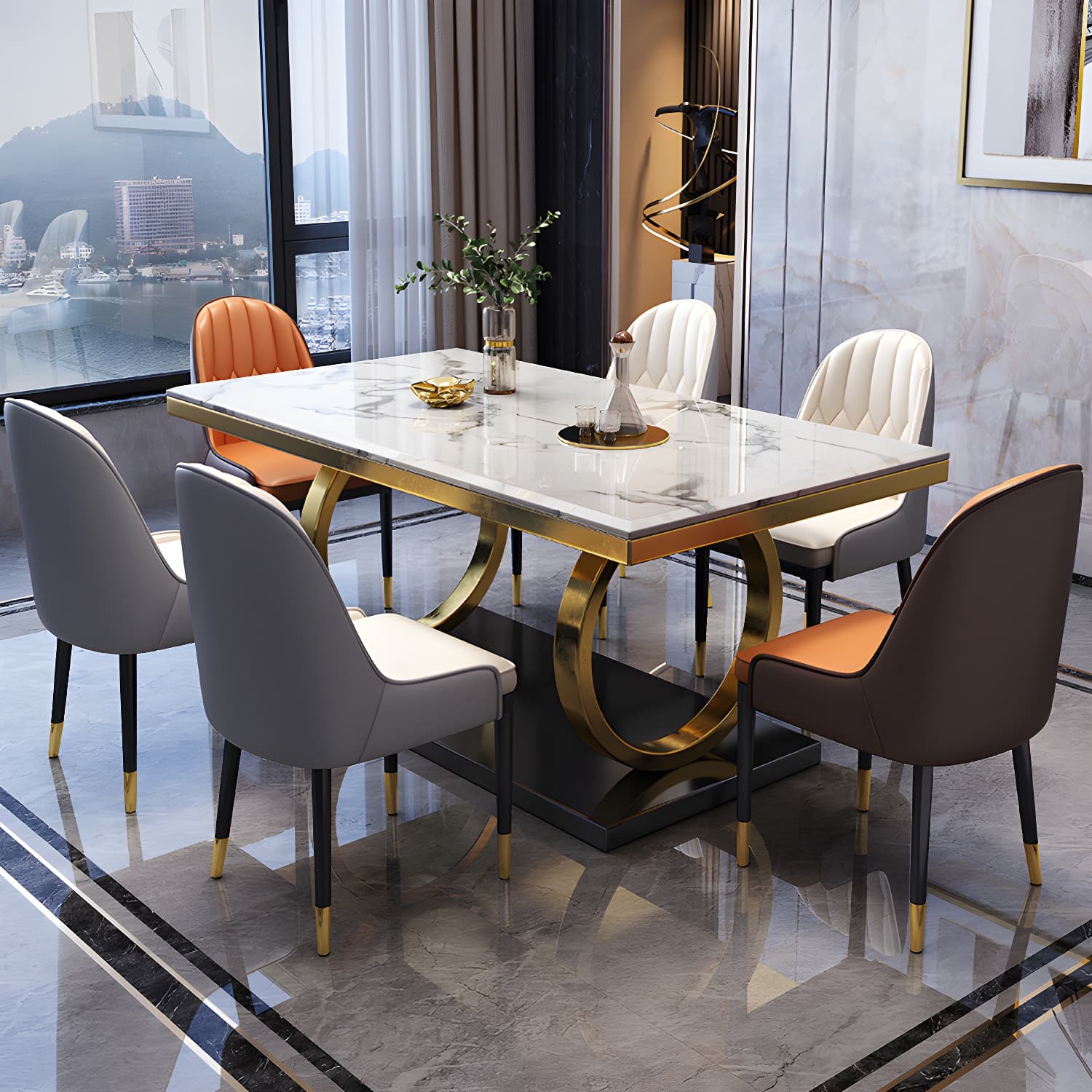 Glam Marble Dining Set with Gold Metal Pedestal Base - White and Beige - 1/5/7 Piece Set - image 3