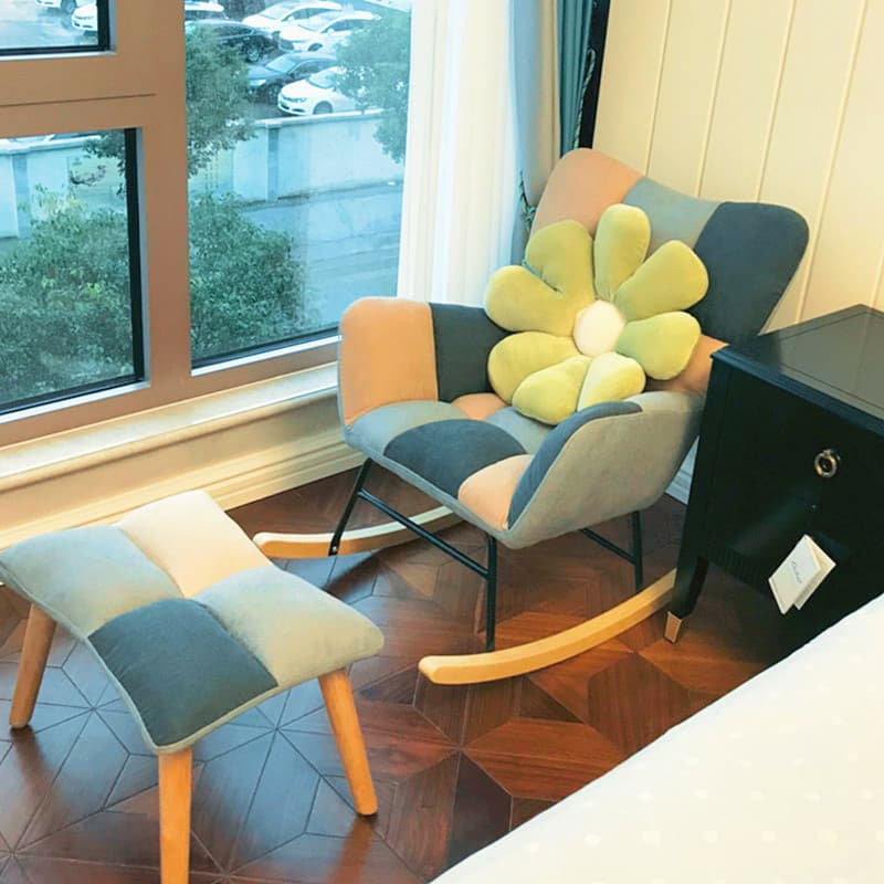 Cotton Cushioned Seat & Back Stationary Rocking Reading Chair with Flared Arm, Footstool, Wing Back & Light Wood Legs - image 13