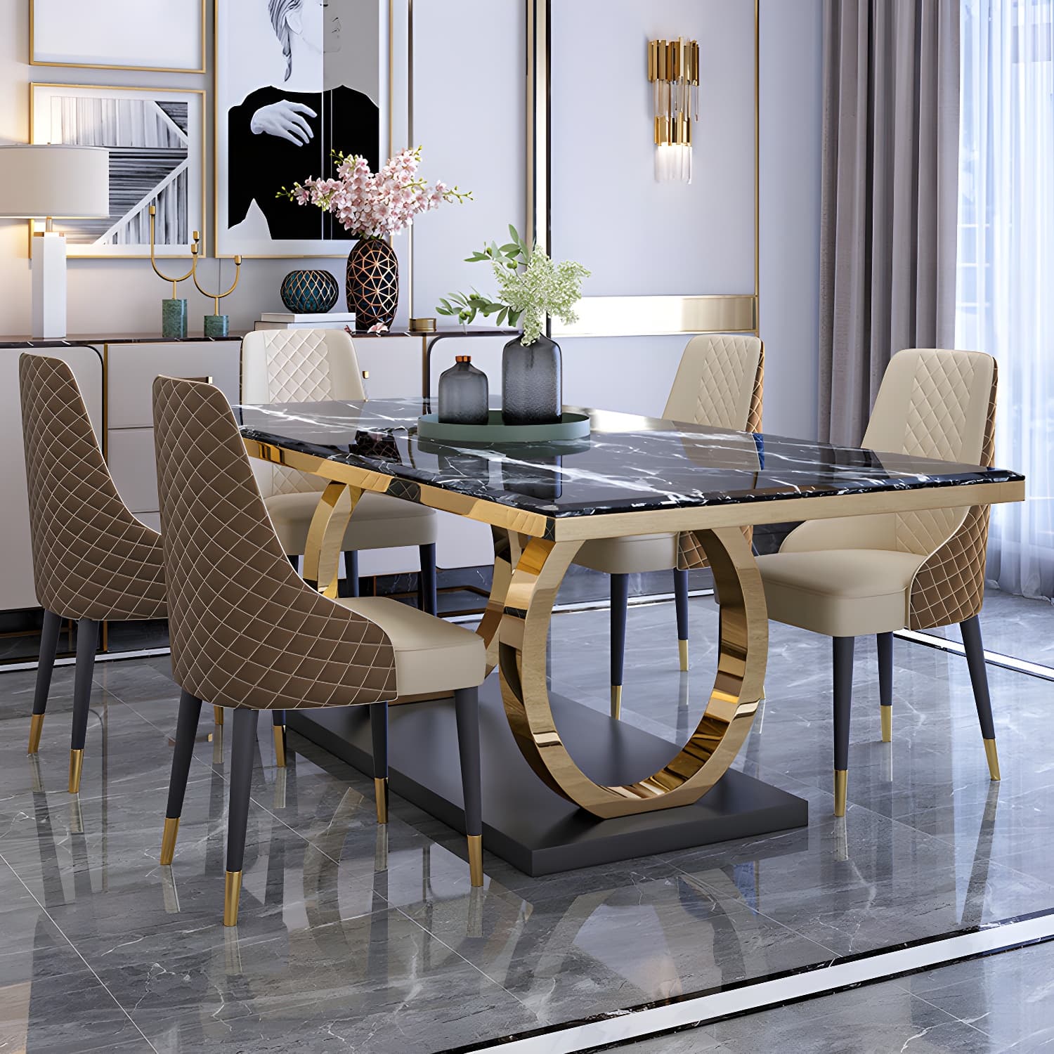 Modern 1/4/5/6/7 Pieces Black Dining Table Set with Marble Top Rectangle Dinette Set - image 3