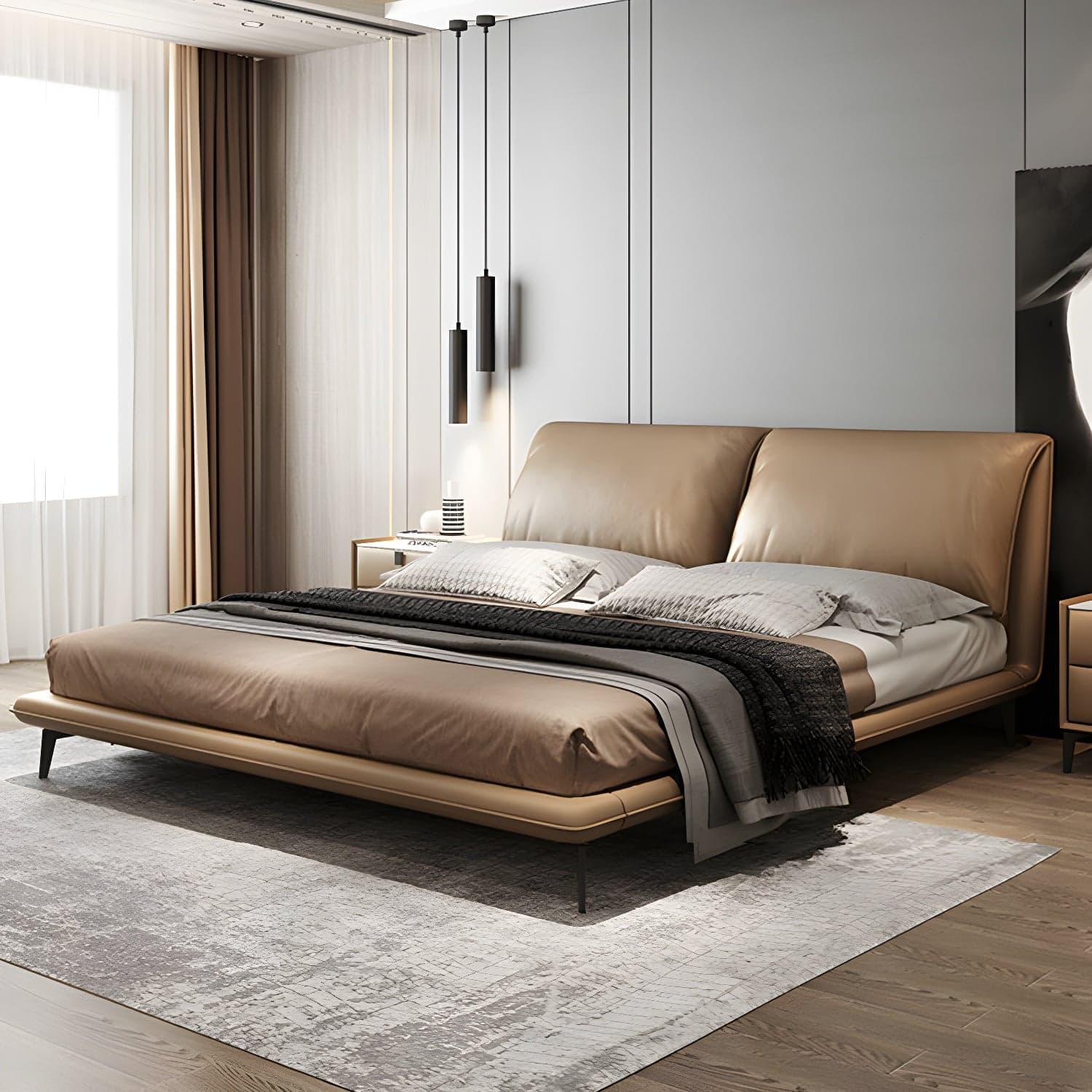 Modern Low Profile Panel Bed Genuine Leather Upholstered Bed Frame