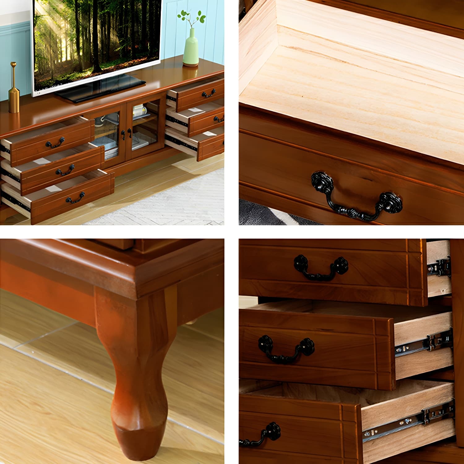 Modern 6-Drawer Solid Wood TV Stand with Glass Doors - 23.5" High - image 10
