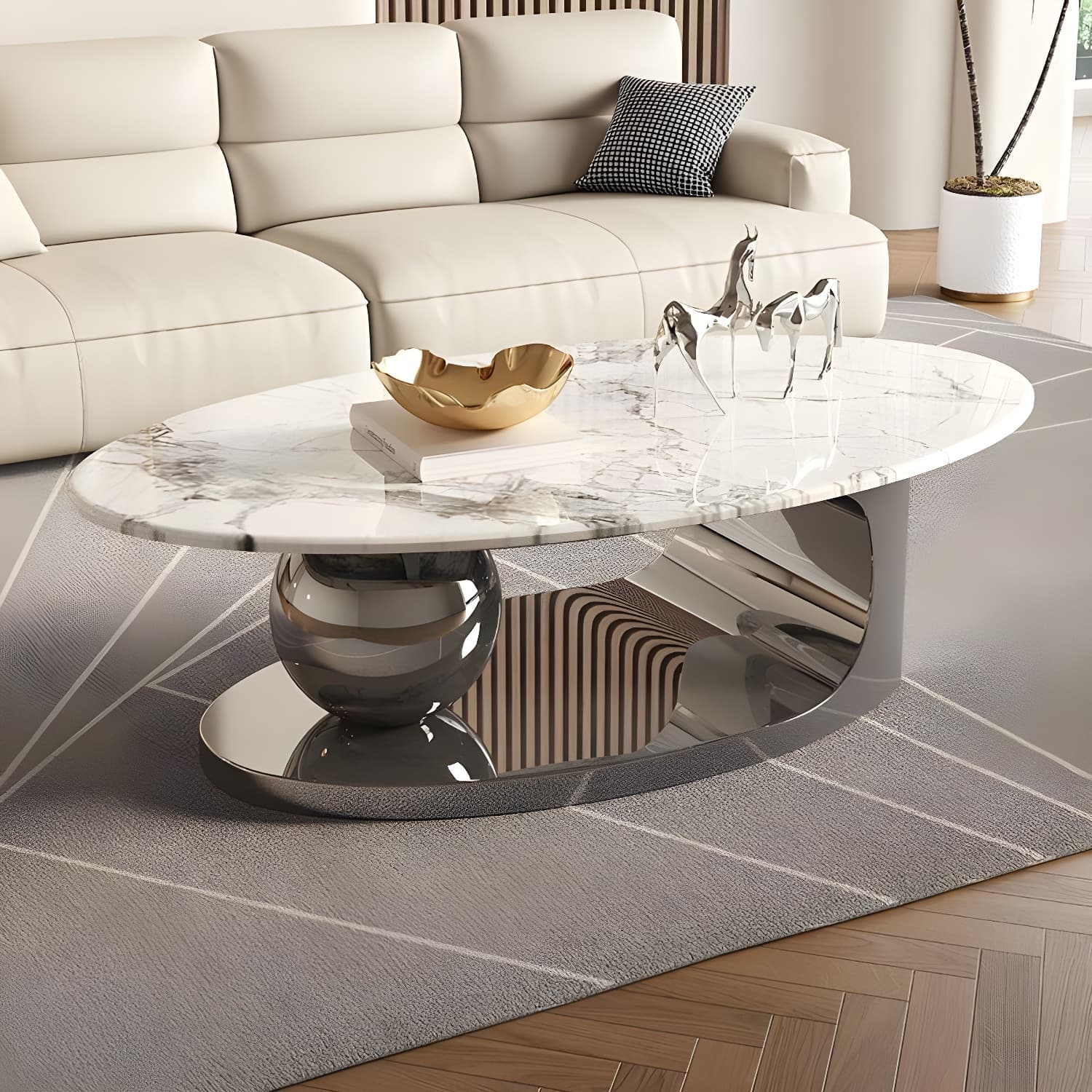 Glam Stone Coffee Table - Beige Oval Shape with Abstract Stainless Steel Base and Scratch Resistant - image 3