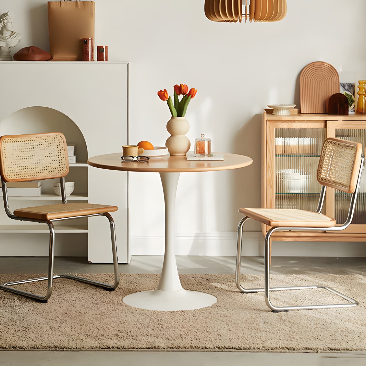 Chic Round Wood Dining Table with Medium Wood Tone and Sleek Steel Tulip Base - image 6