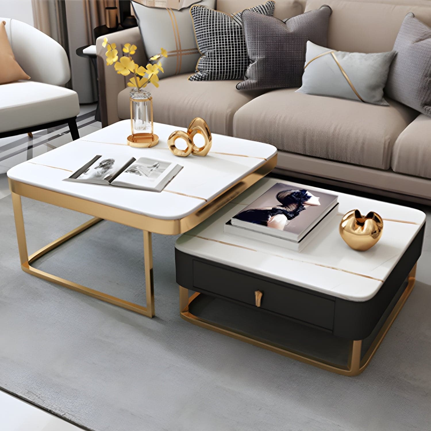 Glam Style Square Coffee Table with Drawer in Metal Frame Base - image 6