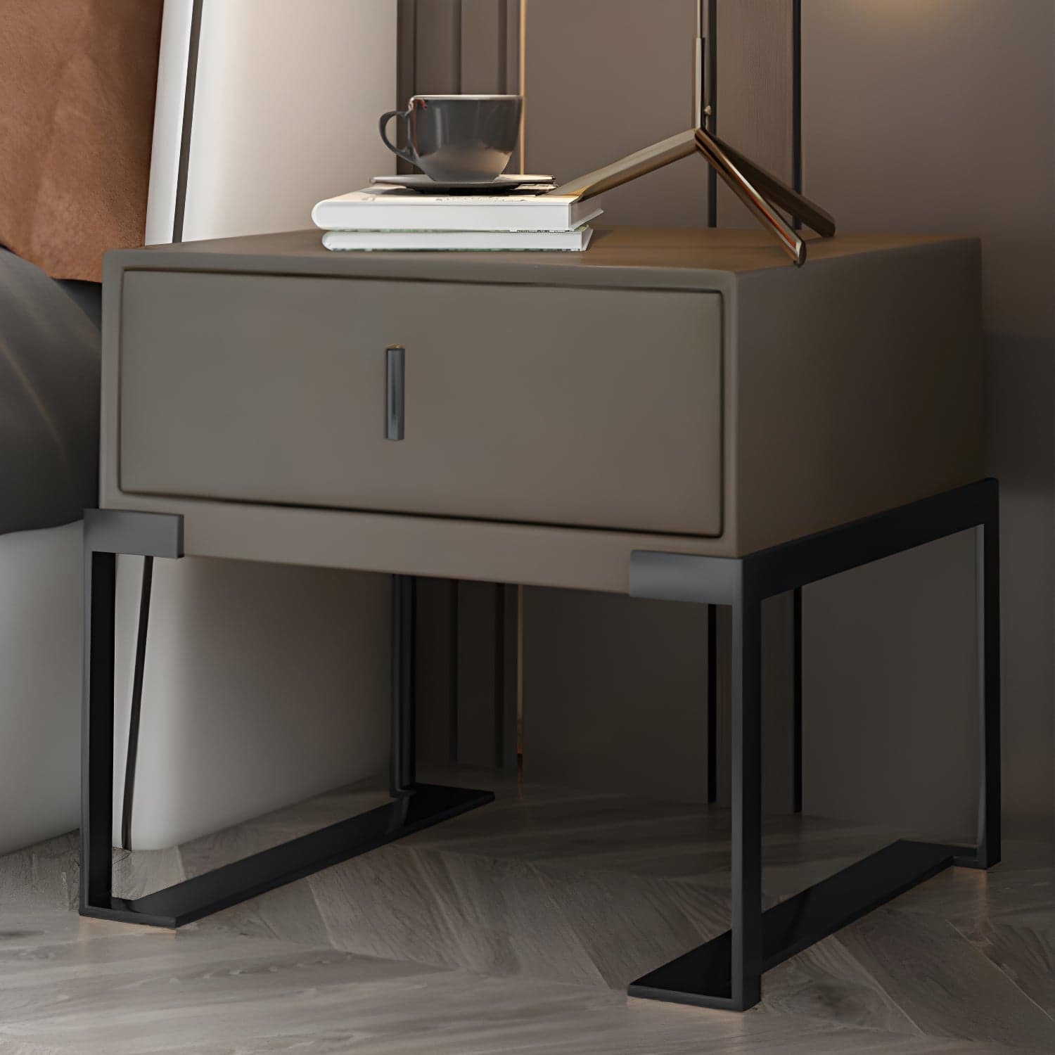Leather 1 Drawer Nightstand Contemporary Night Table with Metal Legs - image 3
