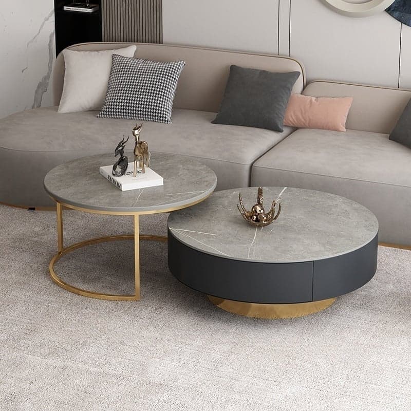Elegant Gold Metal Drum Coffee Table with Stone Top and Storage Drawers - image 3