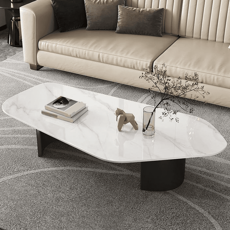 Modern Farmhouse Stone White Irregular Single Coffee Table with Twin Pedestal Base - image 4
