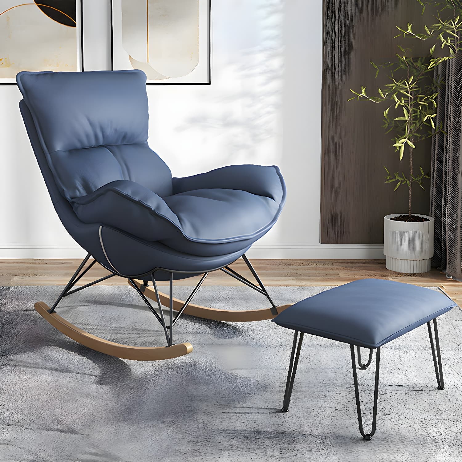 Modern Upholstered Rocking Chair and Ottoman Set - Natural Wood Legs, Stylish Design for Home Decor