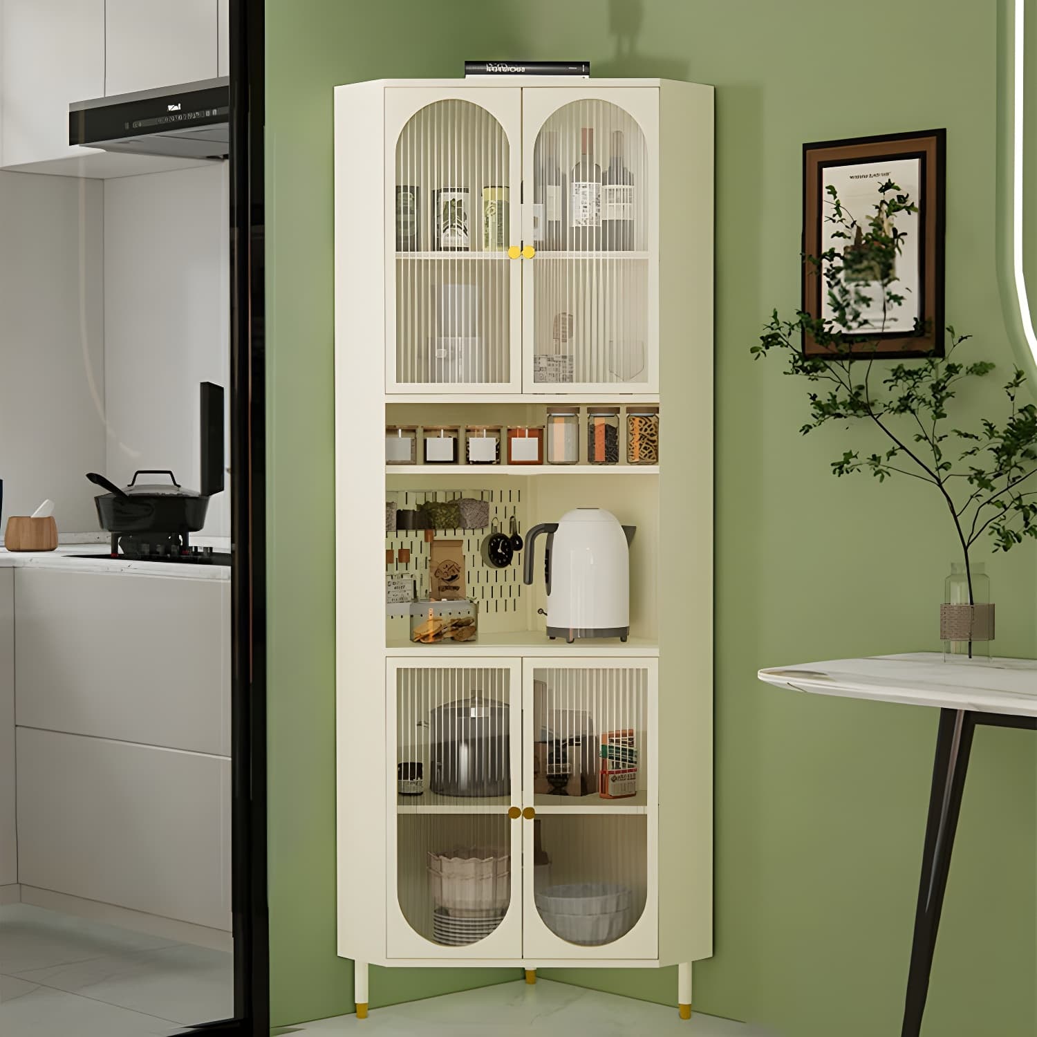 Corner Scandinavian Accent Cabinet with Steel Base and Glass Doors, and Adjustable Shelves