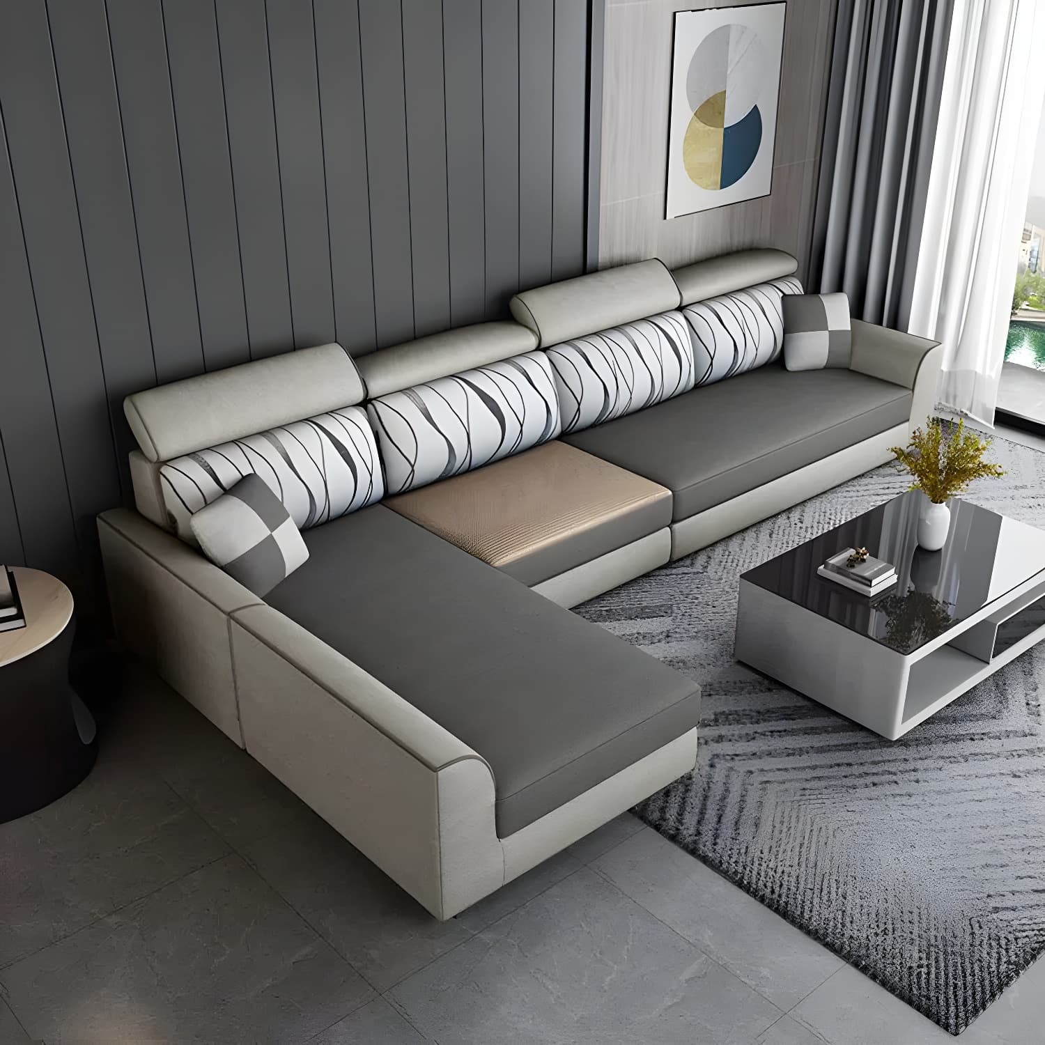 Modern L-Shape Reversible Wood Frame Sectional Sofa Chaise Set - image 5