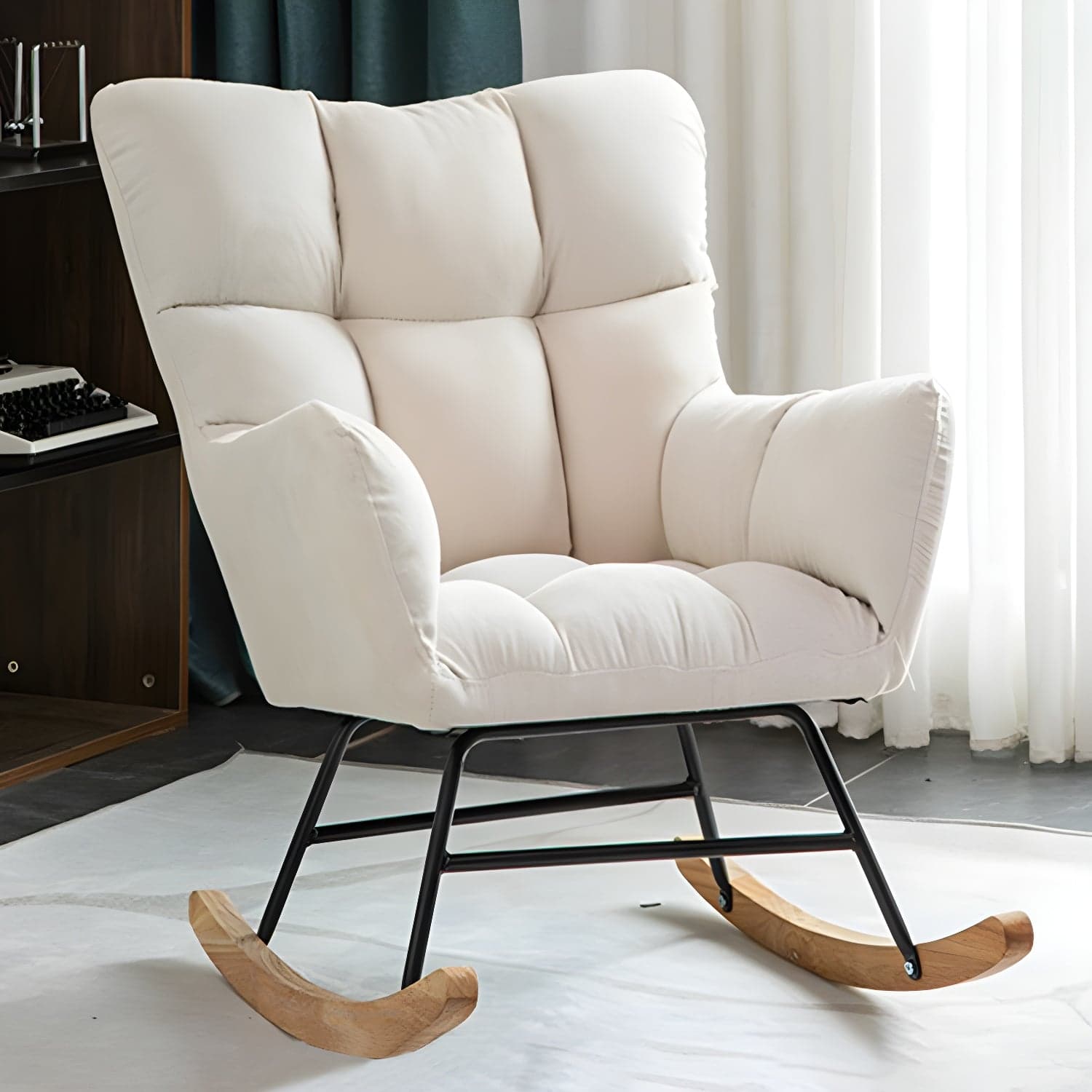 Modern Rocker Chair Upholstered Dark Legs Glider Button-Tufted - image 11