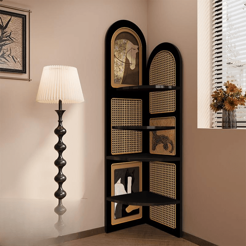 Modern Simple Style Nook Decorative Cabinet with 4 Exterior Shelves, Matte Black Laminate Top