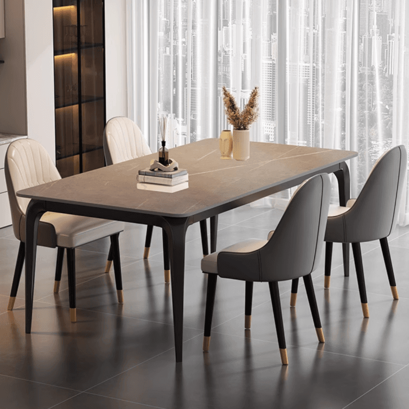 Minimalist Rectangular Dining Table with Slate Stone Top, Fixed Table, Storm Gray/White/Brown Colors - image 9