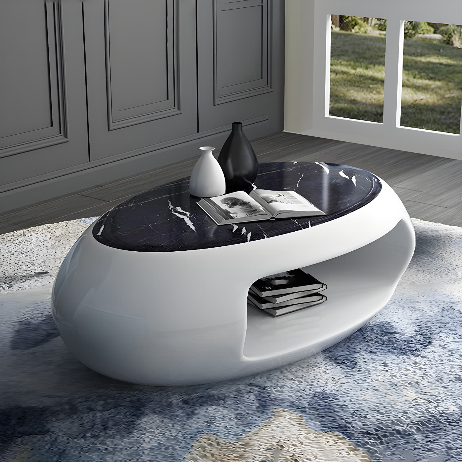 Modern Oval Coffee Table with Storage Shelf and Plastic Pedestal Base - image 6