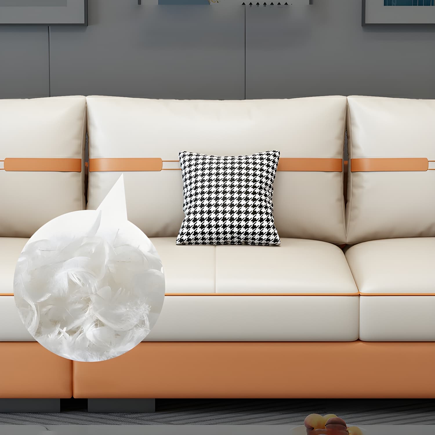 Scandinavian Wood Frame Beige Faux Leather Stationary Sectional Sofa with Cushion Back - image 4