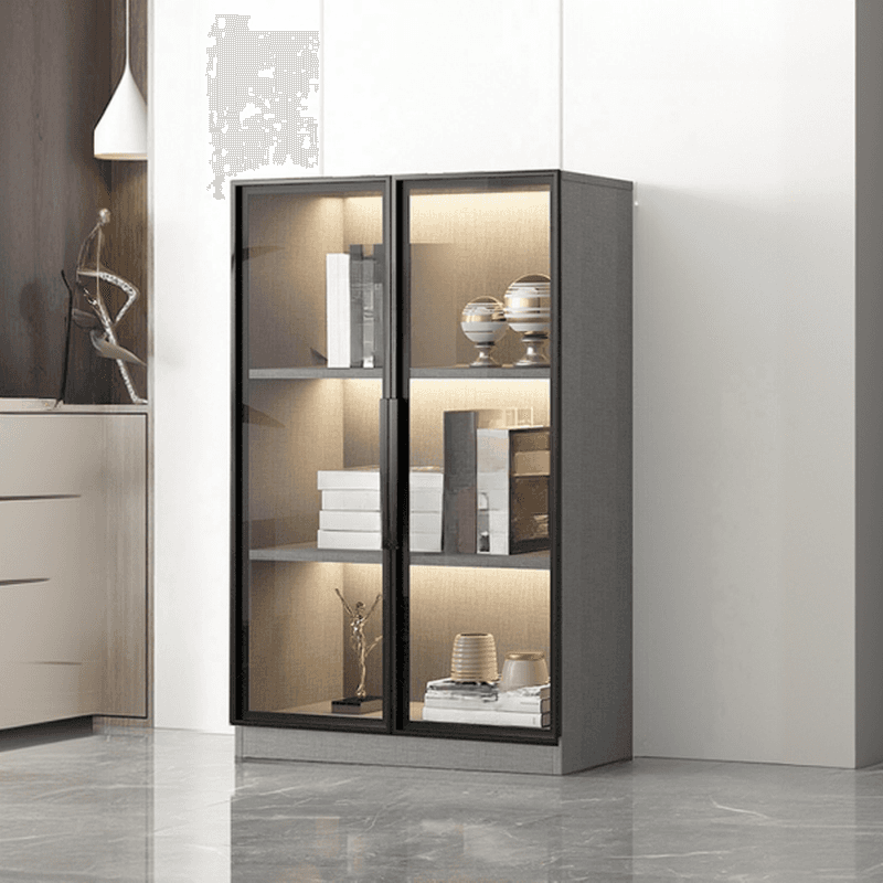 Scratch-repellent Utility Storage Cabinet with Storage Cabinet, Glass-panel Door, Handle Bars in Dark Gray/White, Stain Resistant, Light Included
