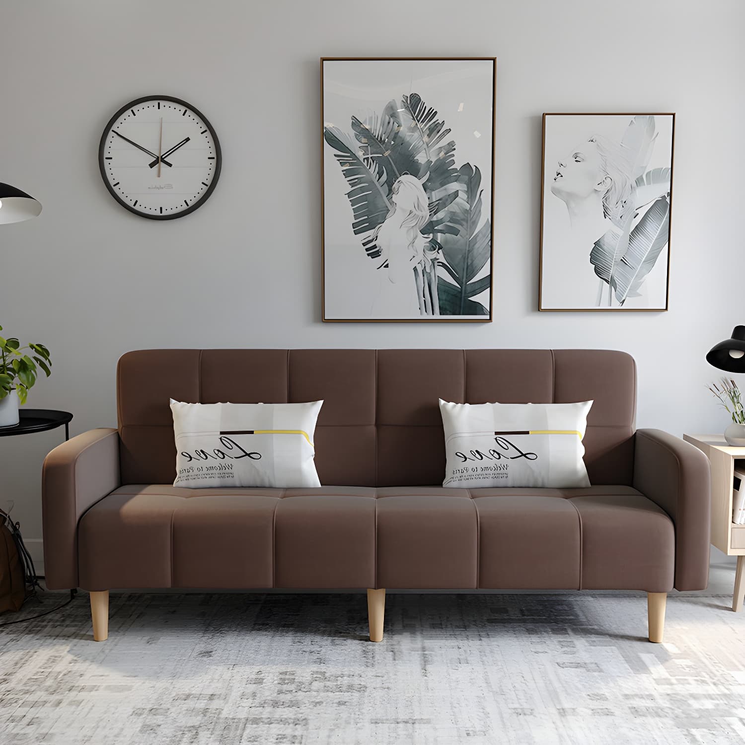 Living Room Linen Chesterfield Sofa with Wooden Legs Square Arm Loveseat
