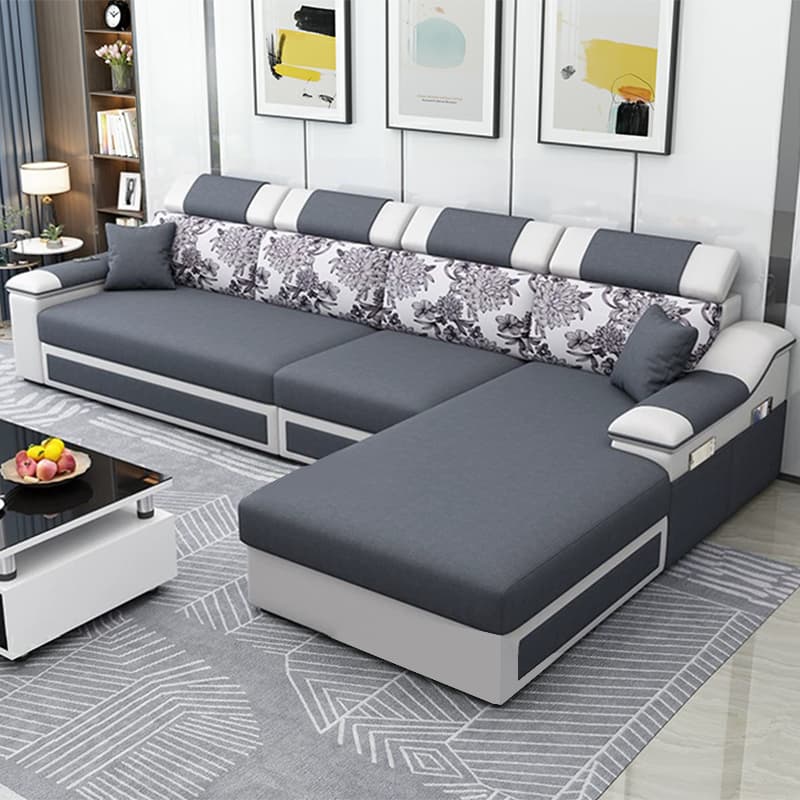 Modern Reversible L-Shape Wood Modular Sofa Chaise with Pillow Top Arm