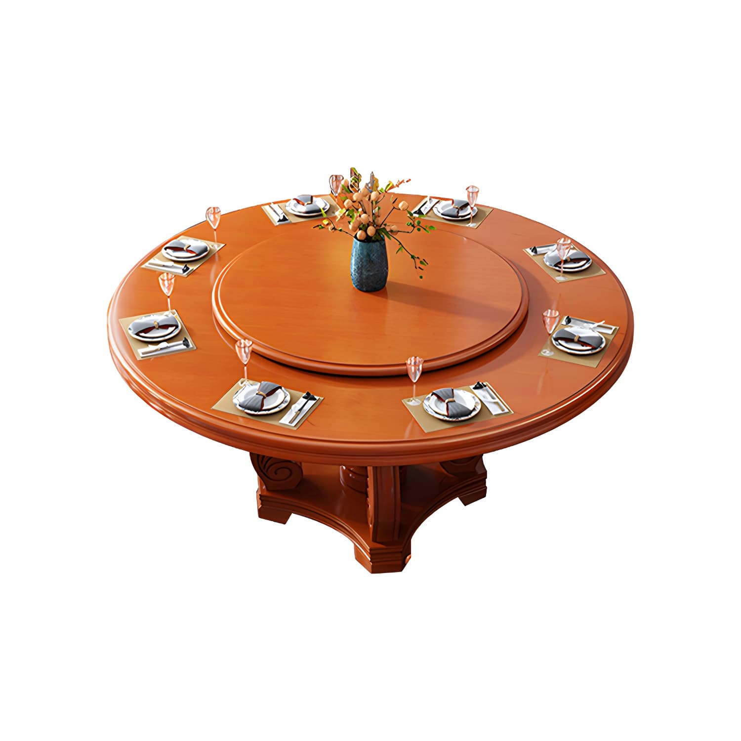 Round Solid Wood Dining Table Modern Turntable Furniture with Pedestal Base