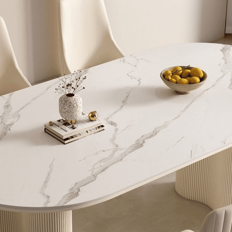 Modern Simple Style Oval Slate Dining Table Set with Dual Footing, Solid Back Panel in Chalk Color - image 4