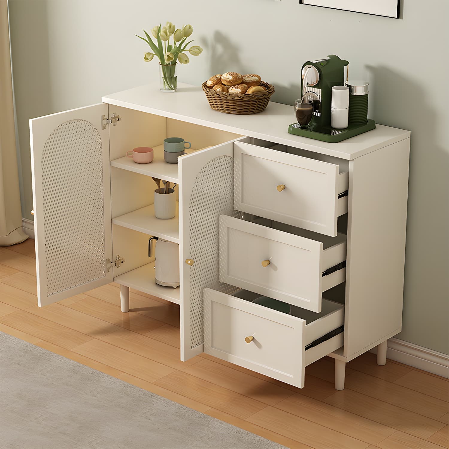 White Modern Wood Sideboard Credenza with Cabinets and Shelves Included - image 3
